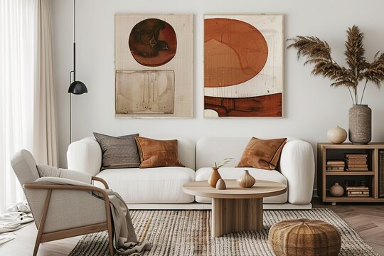 Cozy living room interior with modern furniture and artwork