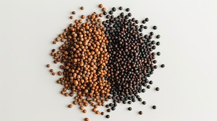 White and black mustard seeds on white background