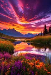 Fototapeta premium stunning landscapes featuring vibrant sunsets dramatic skies vivid colors textures, sky, clouds, view, nature, scenery, beauty, evening, light, atmosphere