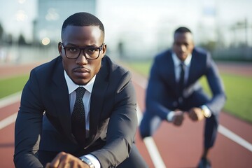 Two businessmen in suits are in a starting position on a track field, ready to race.