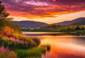 vibrant sunset hues over tranquil landscape rich colors serene natural beauty, aesthetic, ambiance, beautiful, charm, colorful, dusk, evening, glow, gradient