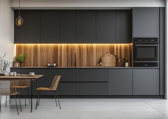 Modern Kitchen Interior with Sleek Design and Wooden Accents