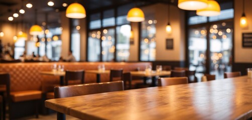 Fototapeta premium interior of a restaurant cafeteria illuminated with interior lights and exterior light with the background out of focus