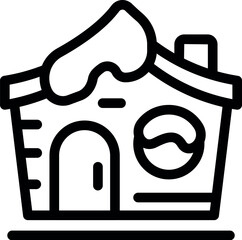 Small bakery building with snow on roof covered with icing and round window for selling pastry