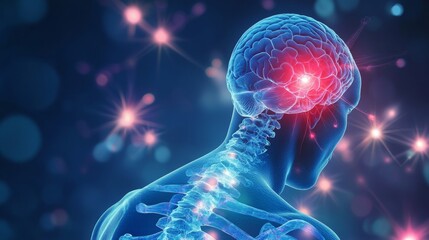 A 3D  of the human brain, with a painful spot highlighted in red, symbolizes pain, discomfort, and the complexity of the brain.