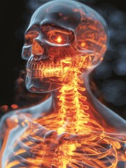 A 3D  of a human skeleton, glowing orange and red, with prominent red eyes. The image symbolizes human anatomy, medical illustration,  x-ray,  and life and death.