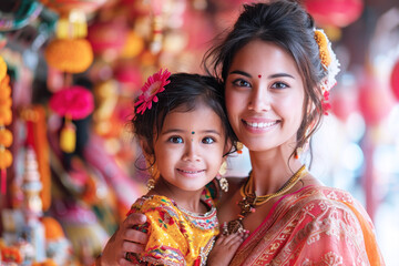 Indian mother and daughter in cheongsam enjoy the lunar new year celebration