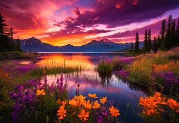Naklejka premium stunning landscapes showcasing vibrant sunset hues rich colors dramatic skies, sky, clouds, orange, pink, red, purple, yellow, blue, gradient, scenery