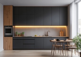 Modern Kitchen Interior with Sleek Design and Wooden Accents