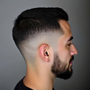 Retrato de estudio hombre de perfil con barba y el pelo reci&eacute;n cortado