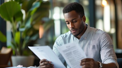 A businessman is sitting at a desk, reviewing documents. He is focused on his work and is carefully analyzing the information. The scene is calming and professional, symbolizing concentration