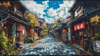 Fototapeta premium A captivating view of a narrow, cobblestone street lined with traditional Japanese houses, adorned with vibrant red lanterns. Lush greenery and blooming flowers add a touch of tranquility.