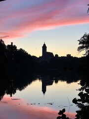 N&uuml;rtingen - early in the morning during sunrise with purple colors and some clouds 