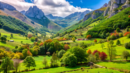 Majestic view of beautiful lush green valley with trees and colorful grass against picturesque high mountains