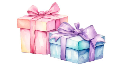 Obraz premium Watercolor painted gift boxes with vibrant pink and blue ribbons, ideal for holiday promotions, birthday gifts, and celebration themes.
