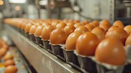Brown eggs moving along a conveyor belt in a processing plant.