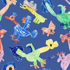 Hand drawn by felt-tip pen and colored pencils sketches of fairy tale Dragons and monsters. Seamless pattern on a dark blue background