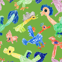 Hand drawn by felt-tip pen and colored pencils sketches of fairy tale Dragons and monsters. Seamless pattern on a green background