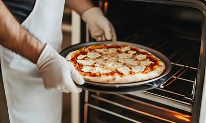a person wearing a kitchen apron is holding a pan with a homemade pizza, Generative AI