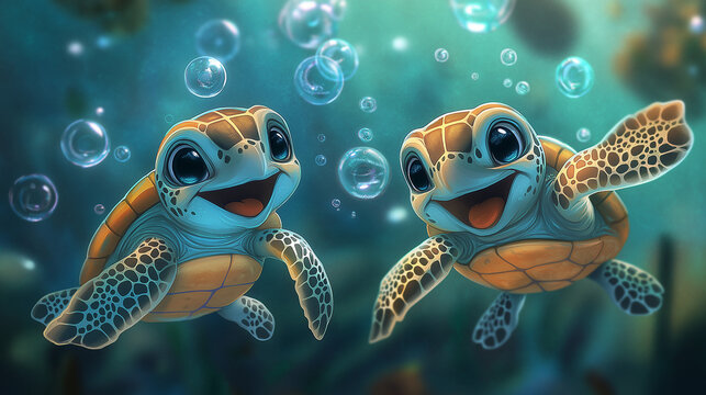 print illustration of two cute colorful baby turtles