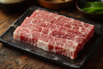 A close-up shot of raw beef short ribs, marbled with fat, arranged on a black plate, symbolizing fresh ingredients, culinary artistry, protein, a delicious meal, and grilling preparation.