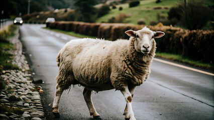 Sheep walking on the road. walking sheep. sheep on road.
