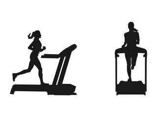 Young woman or girl running on treadmill silhouette. Home workout logo concept. Sport woman exercises on gym fitness machine vector. Treadmill icon in black style isolated on white background.
