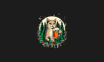 cat holding drink on forest vector illustration artwork design
