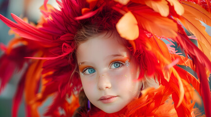 Naklejka premium Little Girl Wearing Red and Orange Feathers Illustration