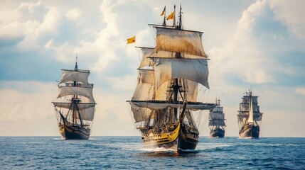 A fleet of historic tall ships sail gracefully across a vast ocean, symbolizing exploration, adventure, and the spirit of discovery.