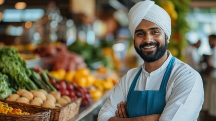 A friendly Indian man wearing a turban smiles warmly at the camera, standing in front of a colorful display of fresh produce. He exudes kindness, hospitality, and a passion for fresh foods.
