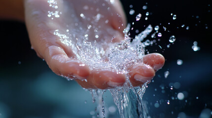 Fototapeta premium Water droplets cascade down, brushing against delicate fingers.