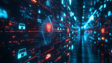A futuristic digital landscape with glowing blue and red lines representing data flow, a central shield icon symbolizing cybersecurity, and a tunnel leading into the network.