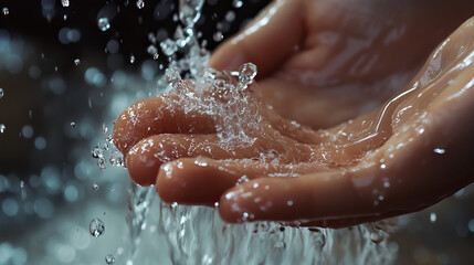 Fototapeta premium Water droplets cascade down, brushing against delicate fingers.