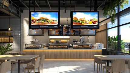 Blank mock up for menu board display screen, for restaurant cafe food business. Warm cozy atmosphere