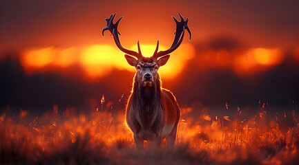 Majestic Red Deer Buck in Golden Sunset Light - Wildlife Photography