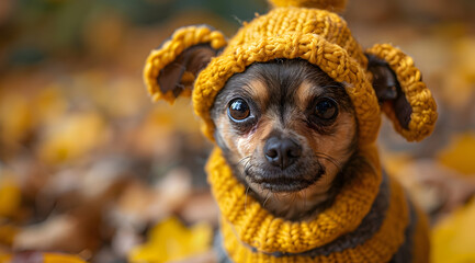 Obraz premium Cute Dog Wearing Yellow Knitted Hat and Scarf - Close-up Photo