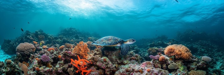 Obraz premium A green sea turtle gracefully swims through a vibrant coral reef, showcasing the beauty and diversity of marine life. The coral formations provide a colorful backdrop for the turtle