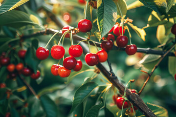 Obraz premium Harvest of ripe red cherries on a branch in the garden, agribusiness business concept, organic healthy food and non-GMO fruits with copy space 