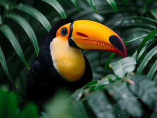 Fototapeta premium Close up of Vibrant Toucan Perched Amidst Tropical Foliage