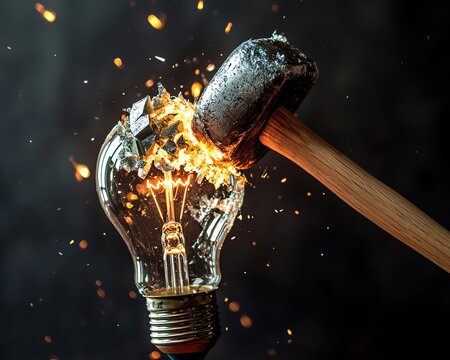 Abstract business growth design, Close-up, Someone smashed a light bulb with a hammer