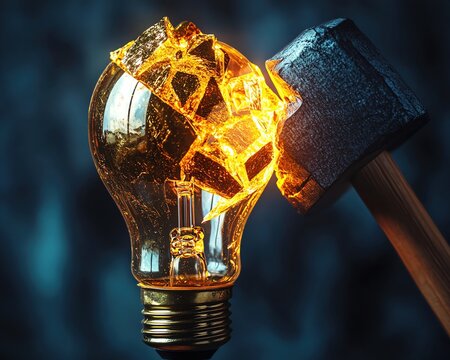 Abstract business growth design, Close-up, Someone smashed a GOLD light bulb with a hammer