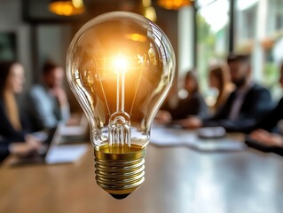 amazing light bulb representing business ideas, ON THE TABLE, team background, Dynamic colors, copy space for text , realistic photo high detailed