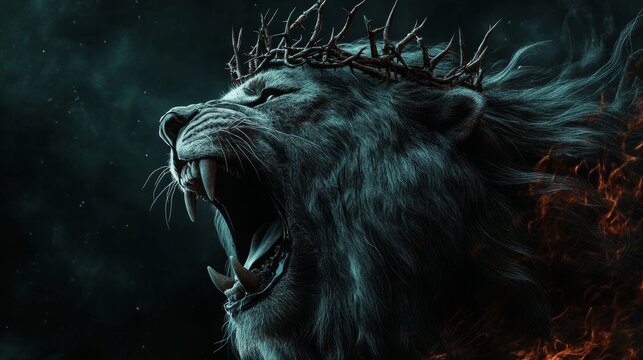 A majestic lion with a crown of thorns roars with intensity, symbolizing power, resilience, and the duality of strength and suffering.