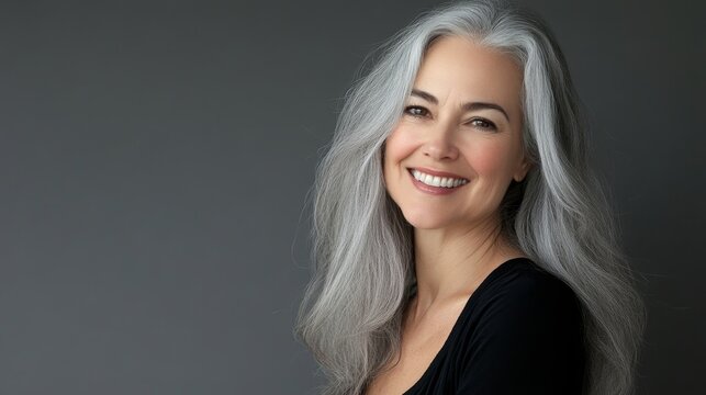 A mature woman with silver hair smiles confidently, conveying a sense of beauty, empowerment, and natural aging. Her expression embodies self-assurance, while her long