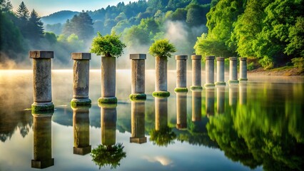 Six sleek stone columns rise from a serene lake's misty shore, surrounded by lush greenery, symbolizing strength, wisdom, and harmony in nature.
