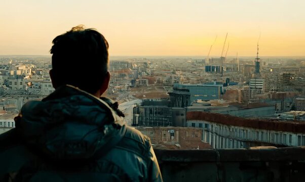 Urban Explorer Overlooking City Skyline at Sunset
