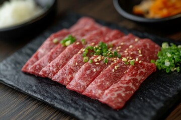 Fototapeta premium A plate of raw beef sliced thinly, seasoned with sesame seeds, and garnished with green onions, ready for grilling. It represents Korean cuisine, fresh ingredients, savory flavors