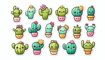 Obraz premium Set of cute cartoon cactus stickers with happy faces.