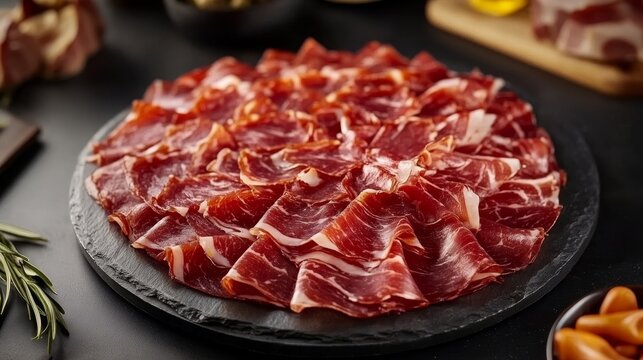 A platter of thinly sliced jam&Atilde;&sup3;n ib&Atilde;&copy;rico, a Spanish cured ham, arranged in a circular pattern on a black slate plate. This represents luxury, tradition, culinary delight, and the flavors of Spain.